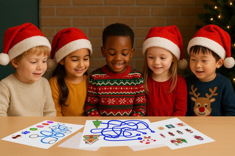 May include: Five children wearing Santa hats are gathered around a table, looking at Christmas-themed activity sheets. The sheets feature mazes and colorful illustrations of holiday objects. The children are dressed in sweaters and shirts in various colors.