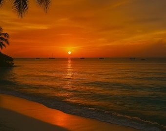 Arte mural de atardecer caribeño: descarga digital de playa tropical, decoración costera imprimible