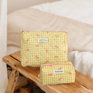 Yellow gingham pouch with pink bows – Vanity, toiletry or makeup pouch – Travel organizer – Cute zipper pouch - Cute pastel gift for her
