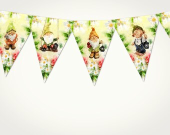 Personalised Gnome Sleepover Slumber Birthday Party BuntingBanner with Ribbon