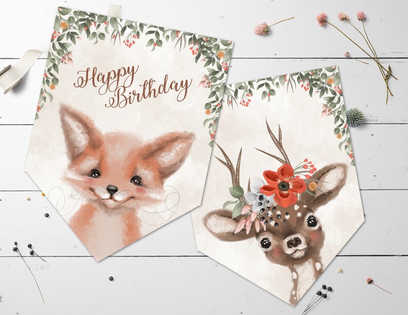 10 Flags Cute Woodland Forest Animals Birthday Party BuntingBanner /& Ribbon