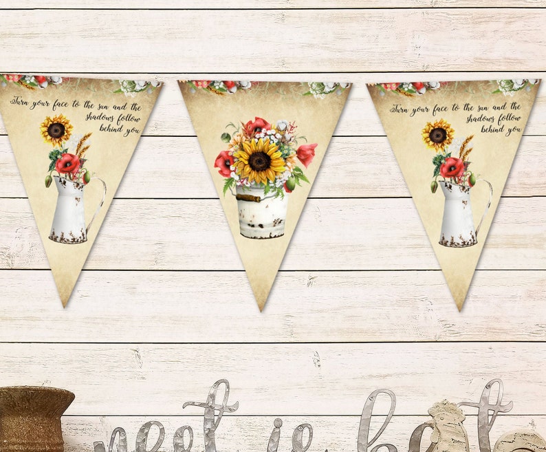 Sunflower Vintage Style Summer Floral BuntingBanner with Organza Ribbon 3m