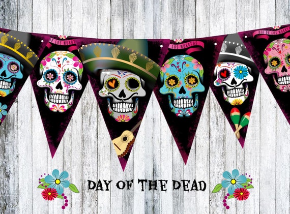 Halloween Day of the Dead Sugar Skulls Bunting Party Decoration /& Ribbon