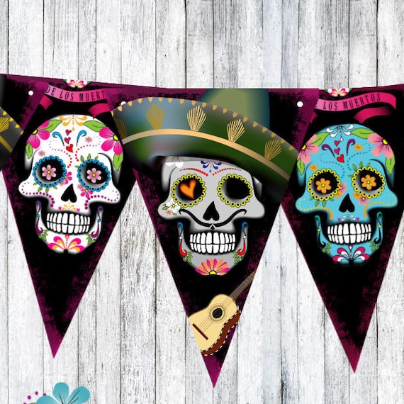 Halloween Day of the Dead Sugar Skulls Bunting Party Decoration /& Ribbon