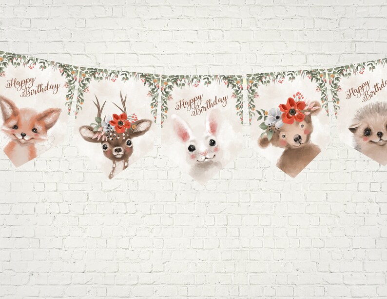 10 Flags Cute Woodland Forest Animals Birthday Party BuntingBanner /& Ribbon