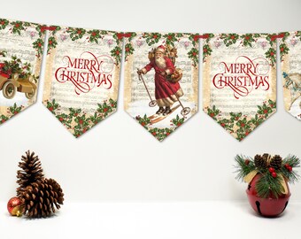 Christmas Transport Vintage Victorian Santa Holidays Banner Bunting Decoration