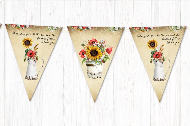 Sunflower Vintage Style Summer Floral BuntingBanner with Organza Ribbon 3m