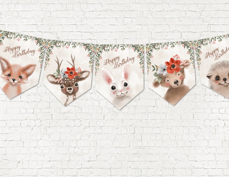 10 Flags Cute Woodland Forest Animals Birthday Party BuntingBanner /& Ribbon