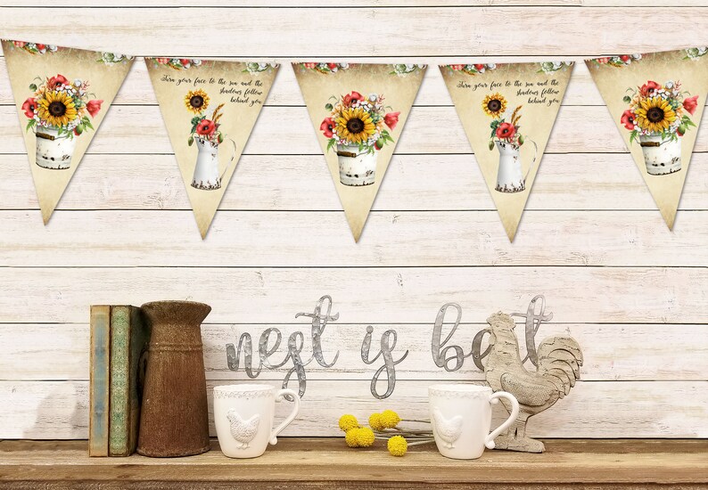 Sunflower Vintage Style Summer Floral BuntingBanner with Organza Ribbon 3m