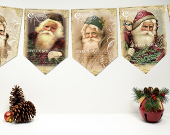 Vintage Victorian Santas Christmas Bunting/Banner & Ribbon