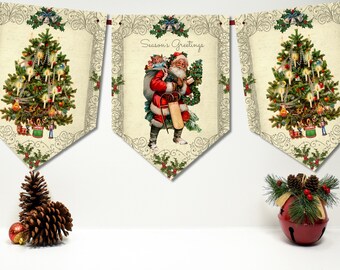 Traditional Vintage Victorian Style Christmas Bunting/Banner & Ribbon - 8 Flags