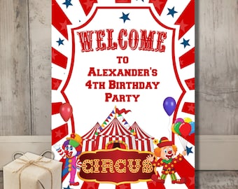 Carnivals Circus Printed on Foam Board Personalized Birthday Welcome Sign Welcome Poster Board Stripe Line Background Red Curtain