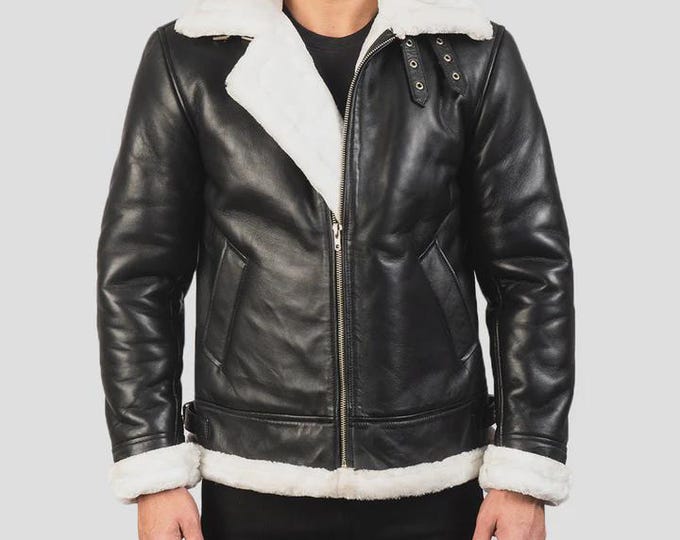 Featured listing image: B-3 Black & White Shearling Leather Bomber Jacket Winter Aviator Jacket
