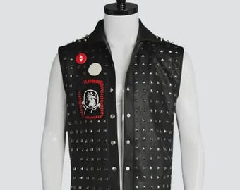 Męska kamizelka motocyklowa ze skóry w kolorze czarnym z ćwiekami | Kurtka bez rękawów w stylu punk