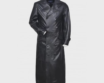 Men's Classic Long Real Sheepskin Leather Trench Coat | Vintage Black Overcoat