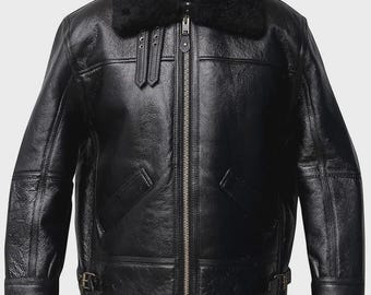 Men's B3 Sheepskin Leather Aviator Jacket: Black Bomber RAF Flight Shearling Coat