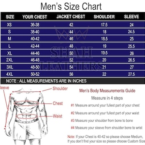 Może przedstawiać: Granatowa tabela rozmiar&oacute;w męskich z wymiarami w calach. Tabela zawiera rozmiary klatki piersiowej, kurtki, ramion i rękaw&oacute;w od XS do 4XL. Diagram ilustruje, jak mierzyć klatkę piersiową, talię, ramię i rękaw.