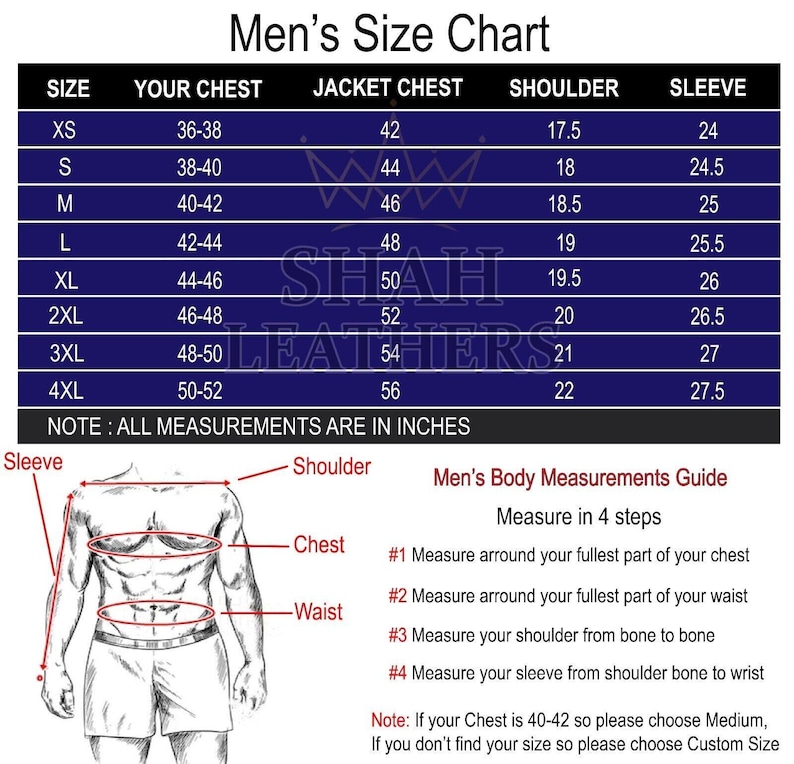 Może przedstawiać: Granatowa tabela rozmiar&oacute;w męskich z wymiarami w calach. Tabela zawiera rozmiary klatki piersiowej, kurtki, ramion i rękaw&oacute;w od XS do 4XL. Diagram ilustruje, jak mierzyć klatkę piersiową, talię, ramię i rękaw.