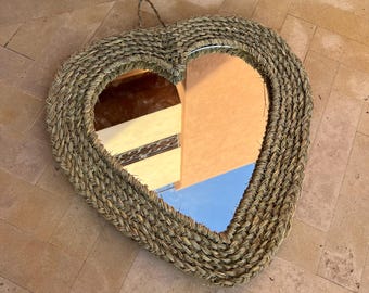 Handwoven Heart Mirror | Natural Raffia Boho Wall Decor, Moroccan Style Home Accent