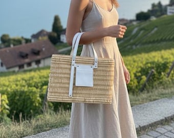 Handwoven Straw Tote Bag with Leather Straps | Boho Summer Beach Purse