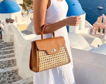 Woven Rattan Handbag with Leather – Small Boho Purse – Moroccan Handmade Bag