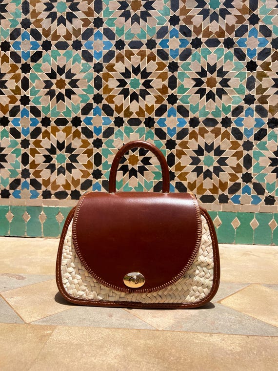 Handmade Leather & Woven Palm Leaf Bag: Moroccan Boho Purse