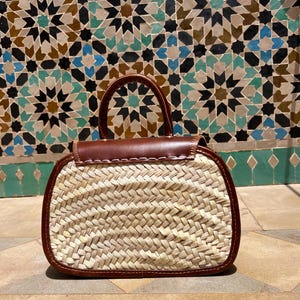 May include: A woven straw handbag with a brown leather top and trim. The bag has a small handle and a rectangular shape. The background features a mosaic tile wall with geometric patterns in shades of blue, brown, and green.