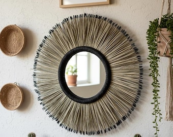 Handmade Moroccan Sunburst Mirror: Raffia Palm Leaf Boho Wall Art