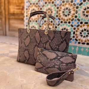 Handmade Python Print Tote Bag Set, Matching Wallet, Faux Leather Handbag