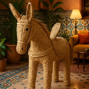 May include: A woven donkey sculpture with upright ears, a braided mane, and a saddle. The donkey is made of natural-coloured woven material and stands on four legs. The sculpture is placed in a room with plants and patterned tile flooring.