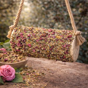 Könnte beinhalten: Ein zylindrischer Vogelhaus, bedeckt mit getrockneten Kräutern und Blütenblättern, hängt an einem Naturseil. Eine Holzschale mit ähnlichem Inhalt und eine rosa Rose befinden sich im Vordergrund. Das Vogelhaus soll Vögel anlocken.