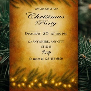 May include: A Christmas party invitation with a vintage design. The text reads "Joyfully join us for a Christmas Party" with the date December 25 at 7:00 PM. The invitation includes an address and RSVP information, with a warm, golden background and festive accents.