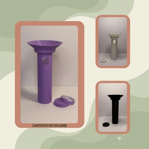 May include: A cylindrical lightstick stand with a wide, flared top and a hexagonal cutout on the side. The set includes a matching circular base ring. Available in purple, white, or black. The text "LIGHTSTICK NOT INCLUDED" is printed below.