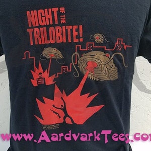 Night of the Trilobite - Hand-Printed T-Shirt - Paleontologist gift - Fossils - Classic Monster Movie Poster Style Lasers Pew Pews image 1