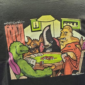 Kaiju playing poker -- DTG printed t-shirt -- Giant monsters playing poker, original art