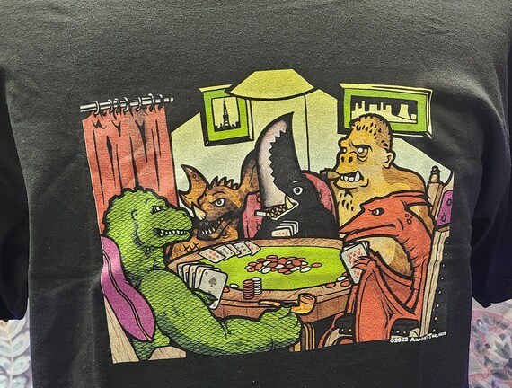 Kaiju playing poker -- DTG printed t-shirt -- Giant monsters playing poker, original art