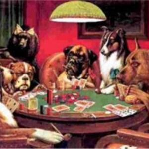 May include: A group of dogs playing cards around a table. The dogs are wearing suits and ties, and they are holding cards in their paws. There are chips on the table, and a green lamp hangs above the table.