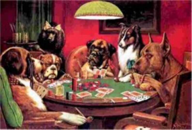 May include: A group of dogs playing cards around a table. The dogs are wearing suits and ties, and they are holding cards in their paws. There are chips on the table, and a green lamp hangs above the table.