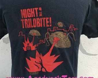 Night of the Trilobite - Hand-Printed T-Shirt - Paleontologist gift - Fossils - Classic Monster Movie Poster Style Lasers Pew Pews