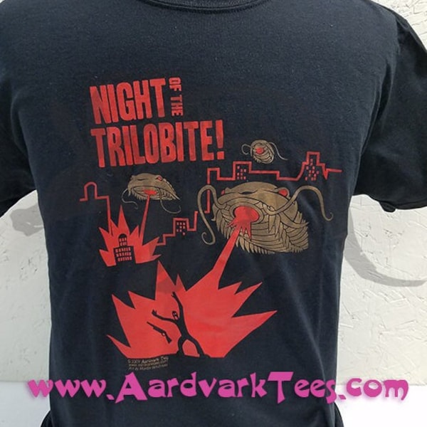Night of the Trilobite - Hand-Printed T-Shirt - Paleontologist gift - Fossils - Classic Monster Movie Poster Style Lasers Pew Pews