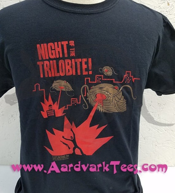 Night of the Trilobite - Hand-Printed T-Shirt - Paleontologist gift - Fossils - Classic Monster Movie Poster Style Lasers Pew Pews