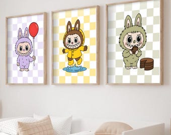 Labubu Playful Plush Wall Art - 3 Sets Of Digital Prints | Retro Wall Decor | Printable Wall Art