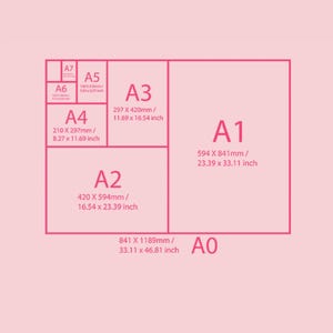May include: A pink diagram showing the sizes of paper formats A0, A1, A2, A3, A4, A5, A6, and A7. Each format is labeled with its name and dimensions in inches and millimeters. The A0 size is 33.11 x 46.81 inches.
