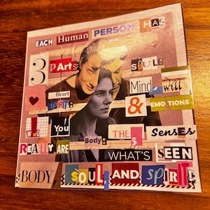 Puede incluir: Un collage de técnica mixta con estética vintage, con textos e imágenes recortados. El texto incluye frases como «Cada persona humana tiene», «3 partes», «Cuerpo, alma y espíritu» y «Lo que se ve». El collage incorpora retratos y formas geométricas.