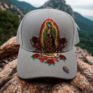Our Lady of Guadalupe Hat. Gray Christian Cap. Gorra De La Virgen de Guadalupe. Christian Gift. Virgen de Guadalupe Embroidered Baseball Hat