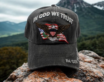 In God We Trust Washed Black Hat. Freedom Hat. Inspirational Patriotic Eagle Cap. USA American Flag Hat. Veteran Gift. Veteran Hat. USA Cap