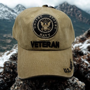 U.S. Navy Veteran Hat. Washed Brown Baseball Cap. Embroidered Adjustable Navy Veteran Hat. US Navy Hat. Officially Licensed Navy Veteran hat