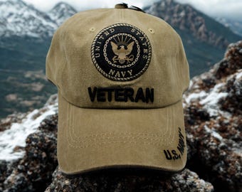 U.S. Navy Veteran Hat. Washed Brown USN Cap. Embroidered US Navy Veteran Hat. US Navy Hat. Officially Licensed Navy Veteran Hat. Veteran Hat