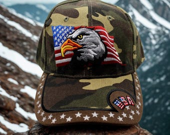 Gorra de béisbol de EE. UU. Gorra con la bandera estadounidense de águila calva. Gorra patriótica bordada. Gorra con orgullo militar y de veterano. Gorra camuflada con la bandera de EE. UU. Gorra con águila calva.