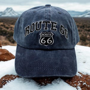 Vintage Route 66 Baseball Cap. Route 66 Washed Blue Hat, Embroidered Highway 66 Road Trip Hat, Adjustable Cap. Highway 66 Hat. Casual Hat
